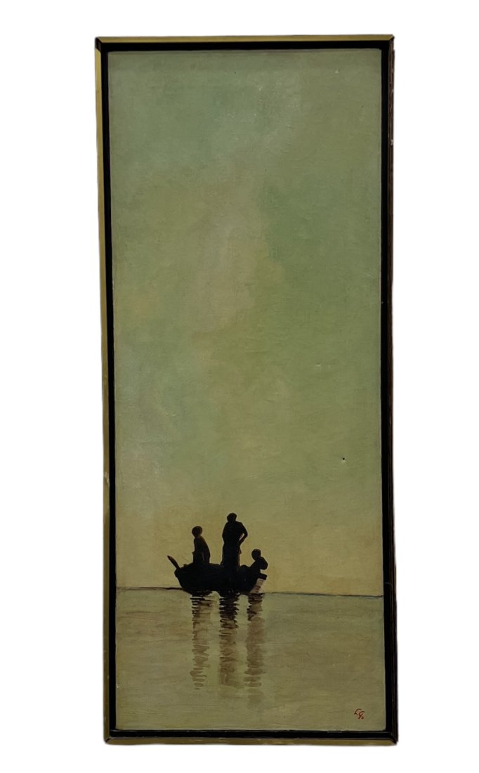 "Fishermen" Painting Signed On Back Brooklyn, New York 1971: Oil on canvas 31 x 13 in (framed)
