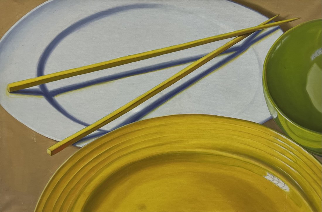 Hypperealist Still Life Painting With Bowl & Chop Sticks: Unsigned. Oil on canvas 36 x 24 in