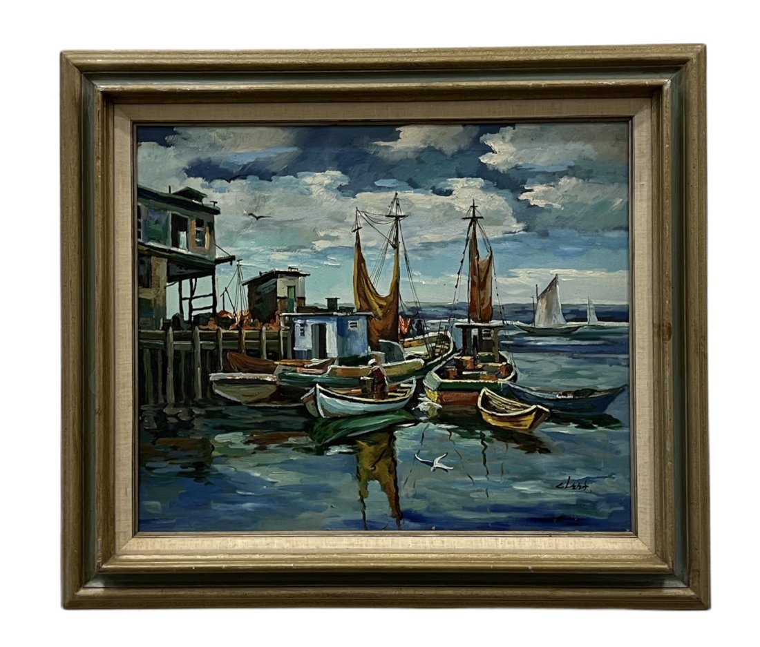 Vintage American WPA-style Harbor Scene w/ Fishing Boats, Signed: Oil on canvas 24 x 20 in, 31 x 27 in (framed)