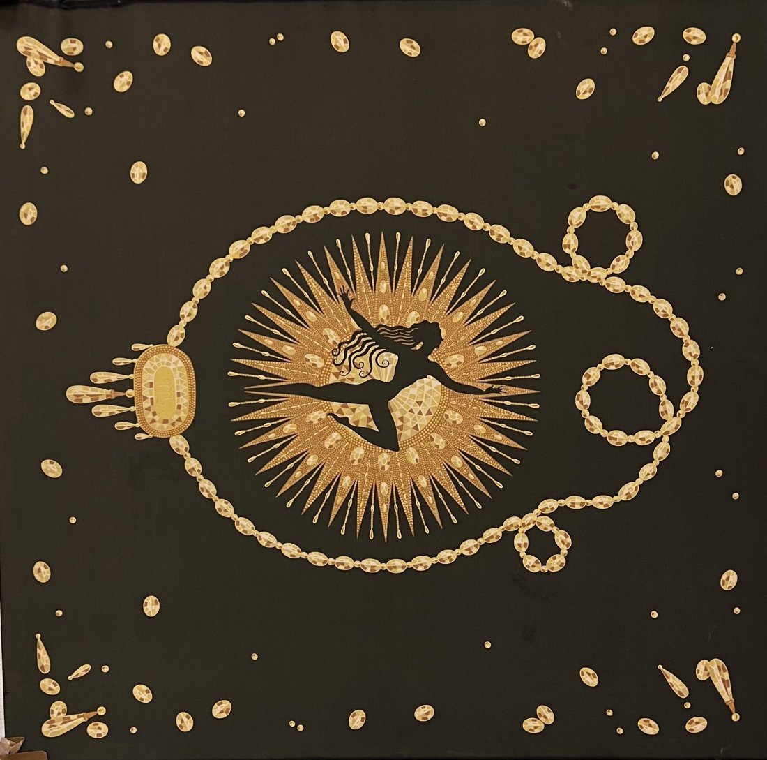 Mid-Century Symbolist Silk Tapestry Wall Hanging: Size 34 x 33 in