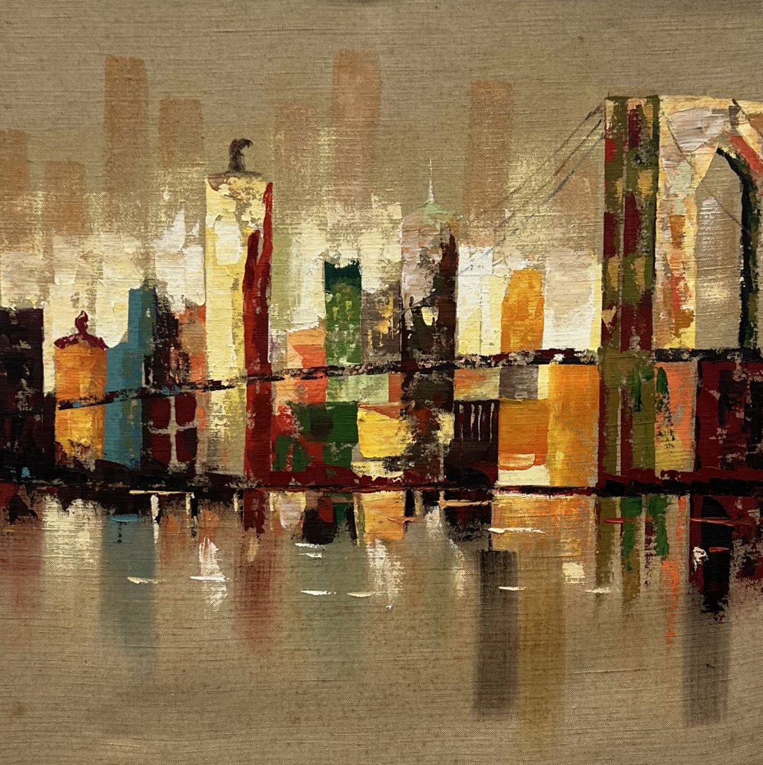 Modernist City Scene Painting With Bridge: Oil on canvas 39 1/2 x 39 1/2 in