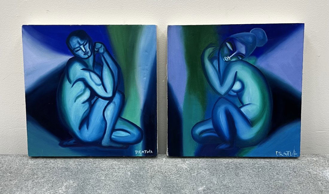 Pair Of Figural Abstract Paintings Signed Dratwa (1 of 2)