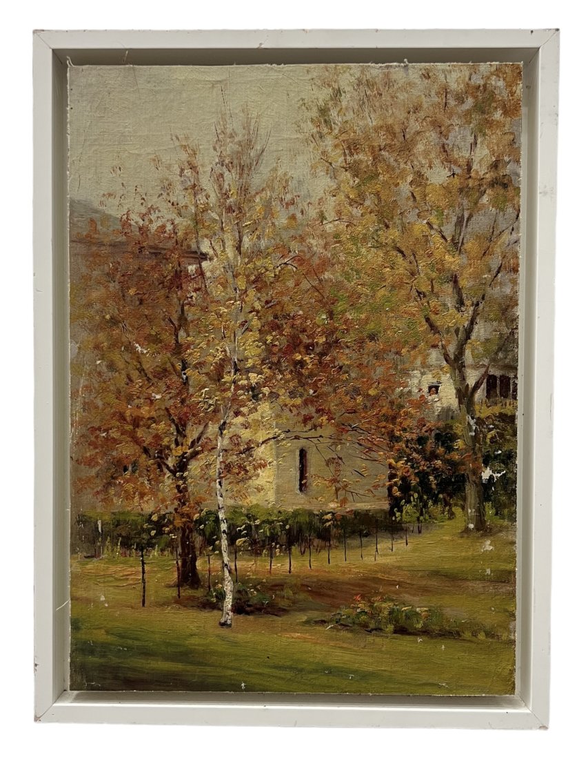 American School Impressionist New England Landscape: Oil on canvas laid on board 16 x 11 1/2 in, 18 x 13 in (framed)