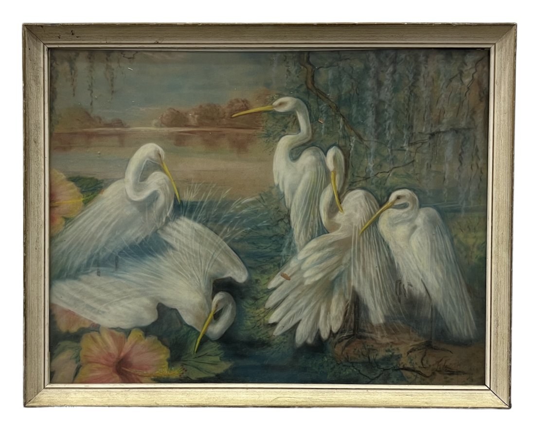 Antique Pastel Of Birds By A Lake, Illegible Signture: Size 28 x 22 in framed