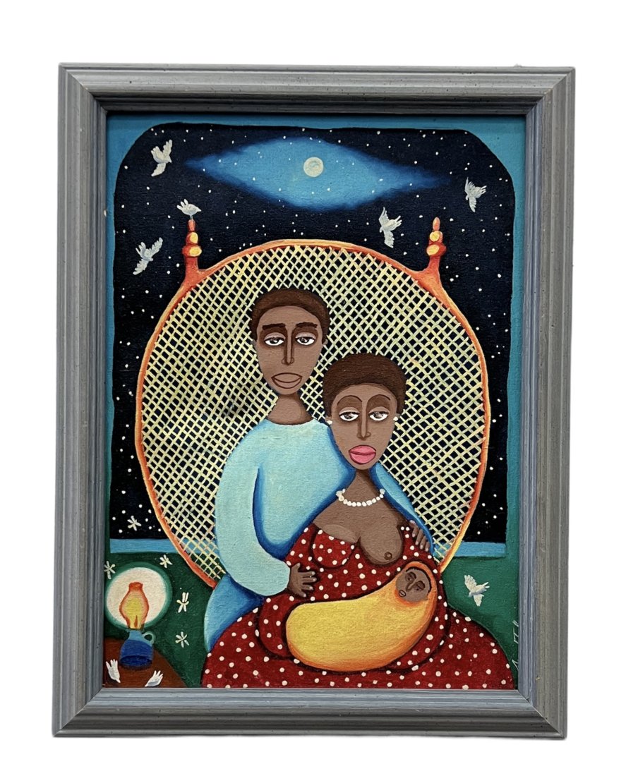 Cuban Folk Art Painting Writing On Back, Signed: Oil on canvas 16 x 13 in (framed)