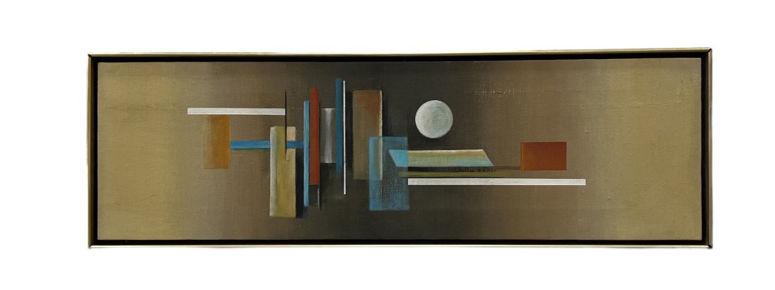 Mid-Century Modern Geomtric Abstract Painting, Signed: Oil on canvas 41 x 13 in (framed)