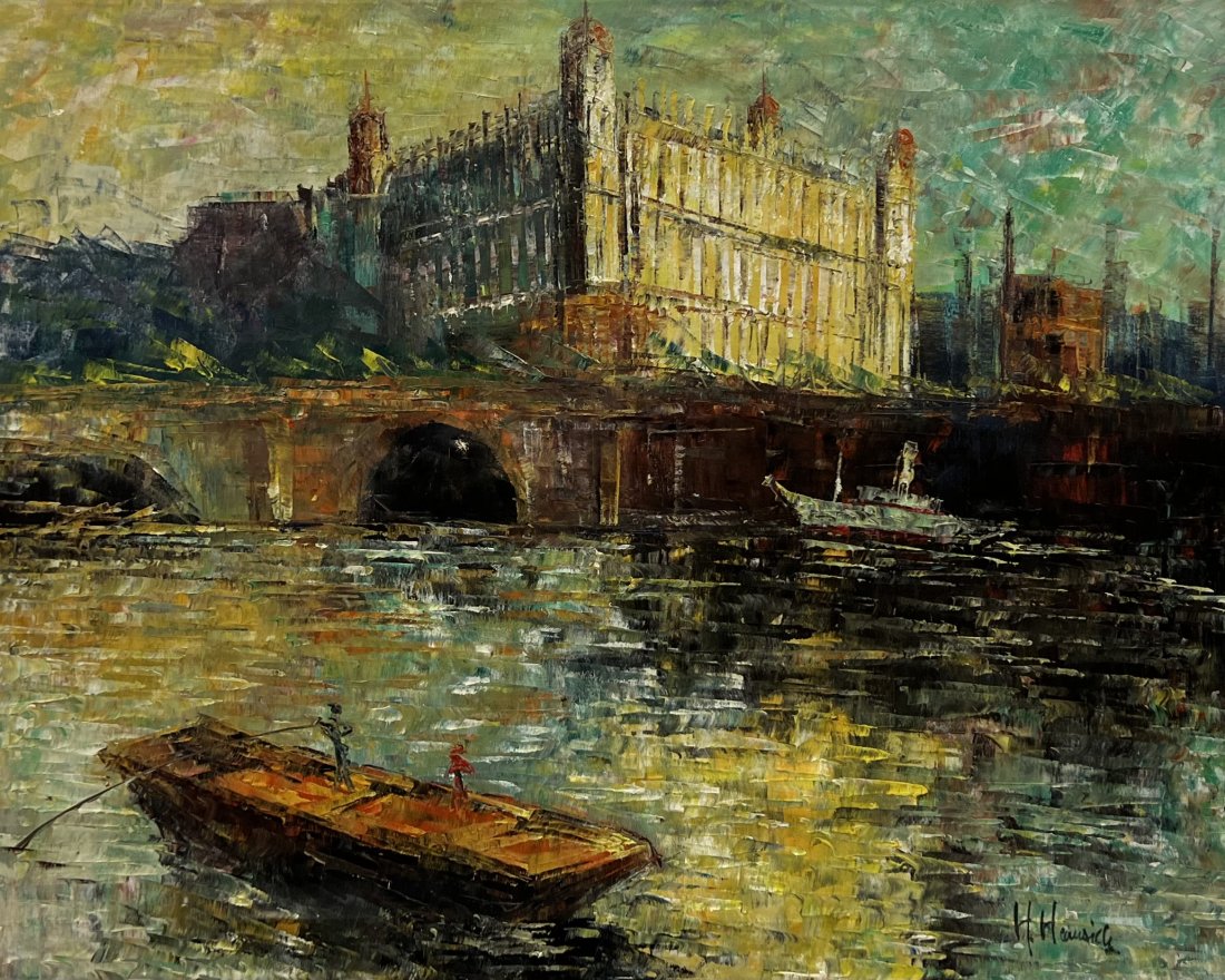 Mid-Century Paris Scene Of River Seine, Illegible Signture: Oil on canvas 30 x 24 in