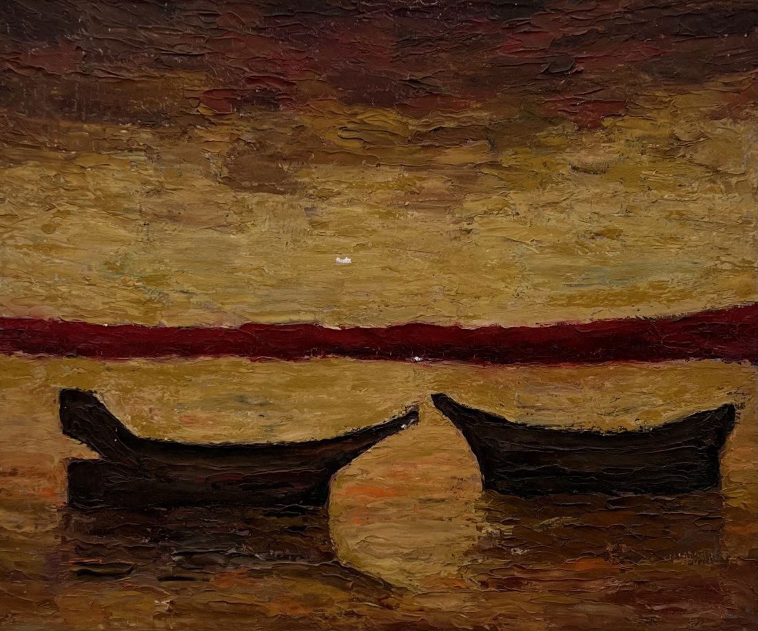 Vintage Tonalist Lake Scene With Canoes (1 of 2)