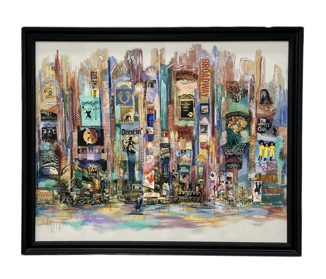 Monumental Collage On Canvas, Broadway, New York City Signed: 54 3/4 x 44 3/4 in (framed)