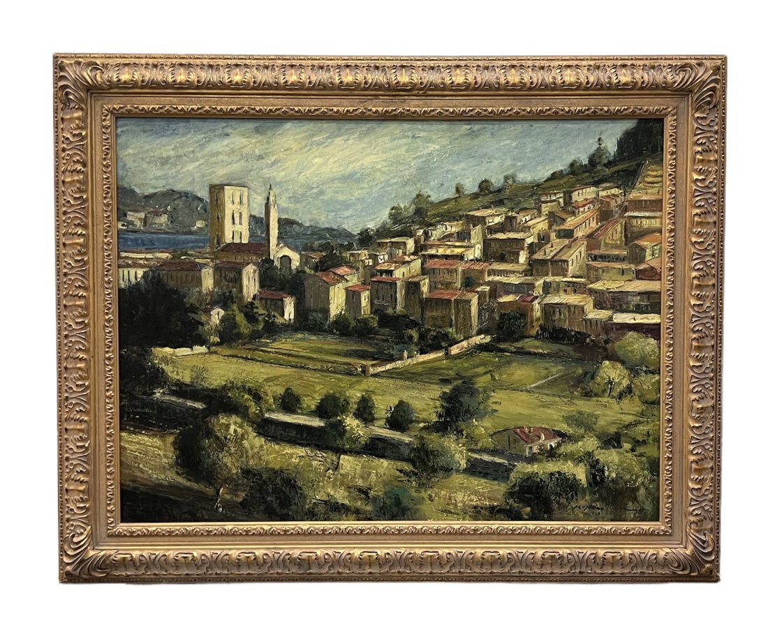 Monumental Italian Impressionist Tuscan Village Landscpe, Signed: Oil on canvas 48 x 36 in, 58 1/2 x 46 1/2 in (framed)