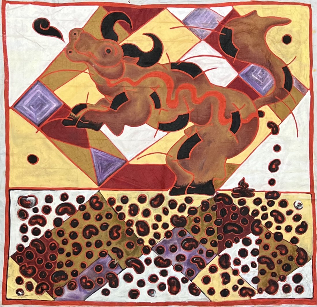 ERNESTO NOVELO (20th c, Mexico) Monumental Bull Abstract: Oil on canvas 79 x 76 in. Unstretched