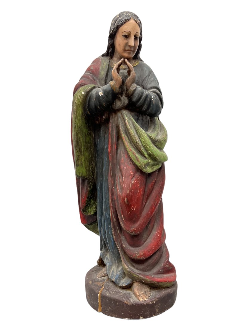 Large Antique Mexican Santos Sculpture: Wood 26 x 8 in
