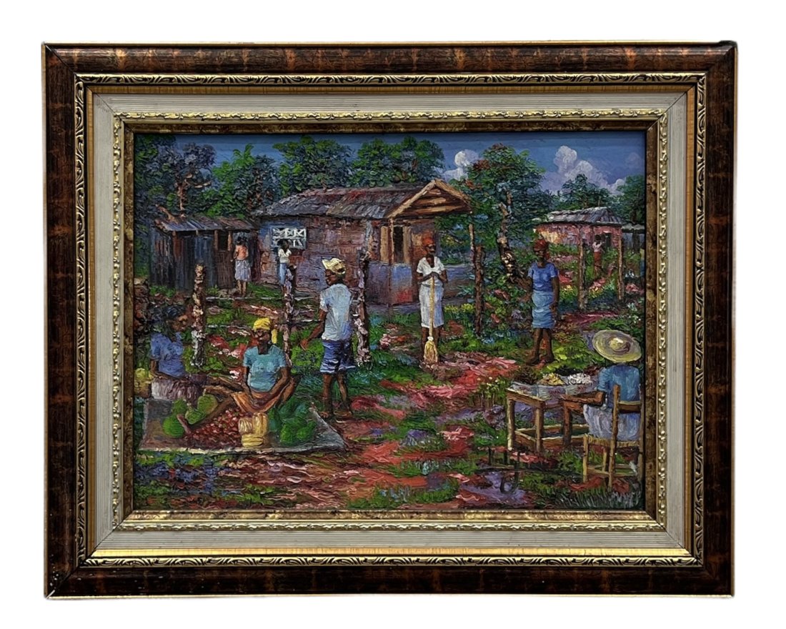 KERLY GERVAIS (20th c, Haitian) Village Scene: Oil on canvas 16 x 12 in, 21 1/2 x 17 in (framed)