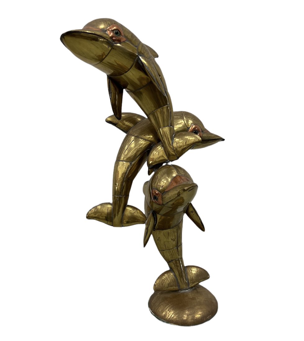 Attributed Sergio Bustamante Brass Doplhin Schulpture: Size 20 x 9 in