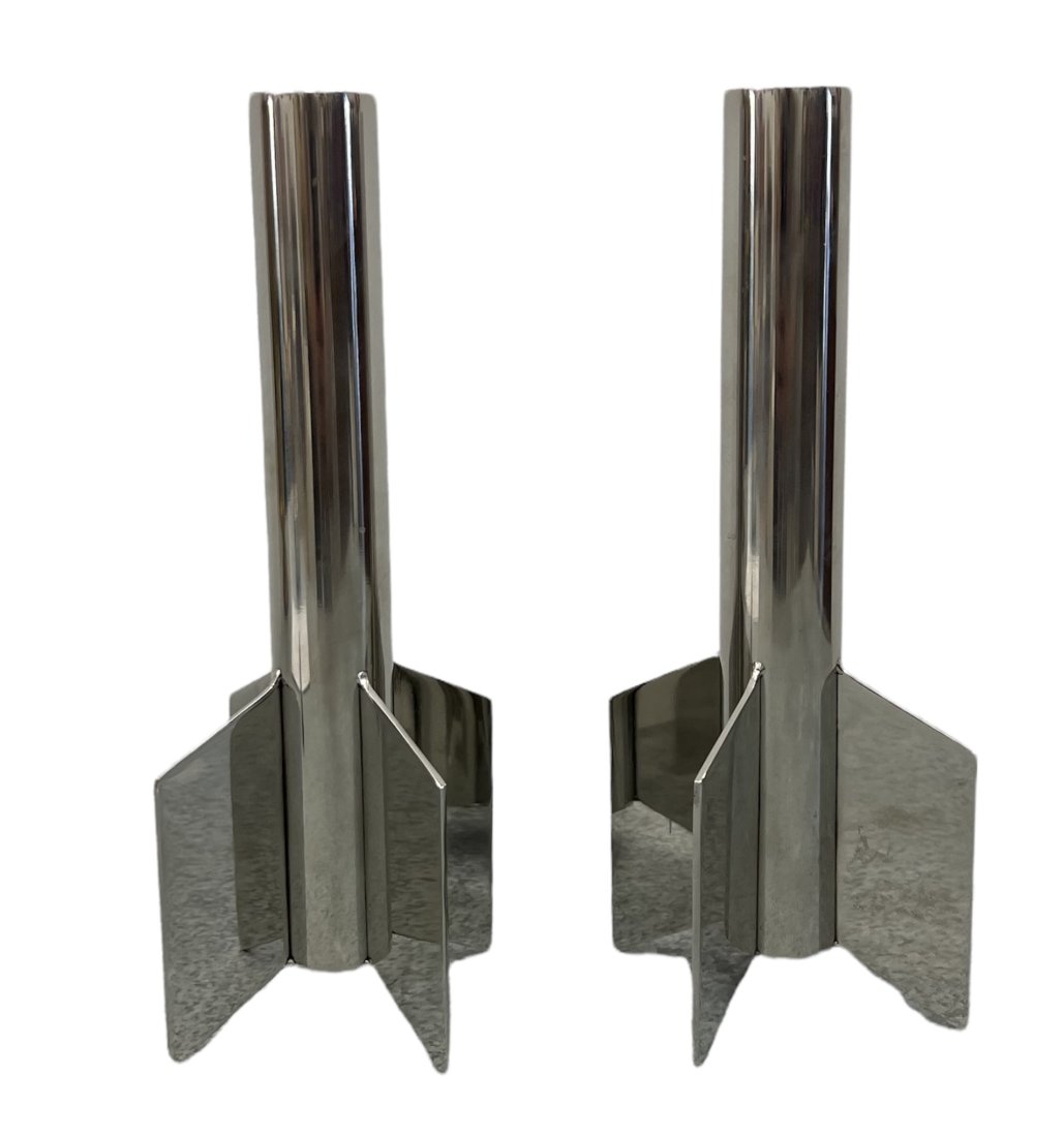 Pair Of Post Modernist Rocketship Metal Candle Holders: 9 1/2 x 4 in