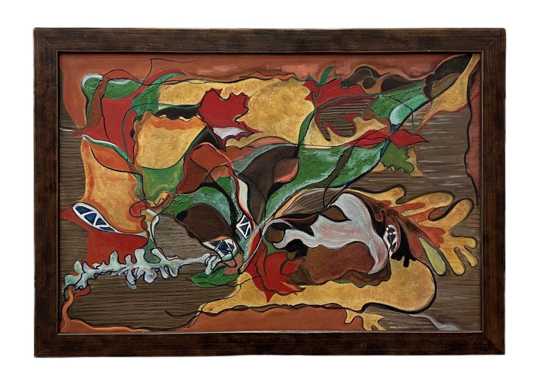 Vintage Abstract Painting, Fall Colors: Oil on canvas 33 x 23 in (framed)
