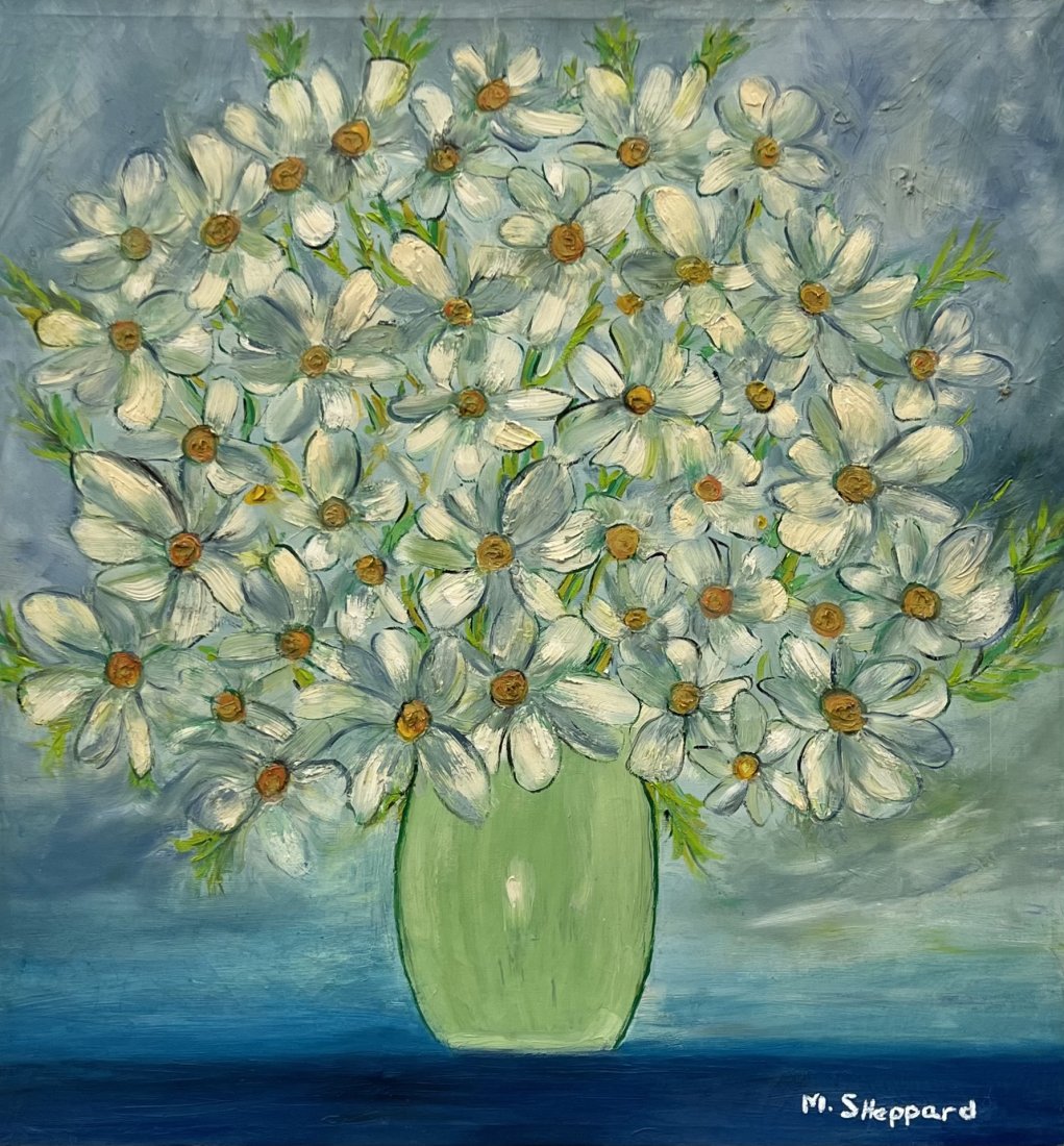Modernist Still Life Painting Of Flowers, Signed: Oil on canvas 36 x 37 in