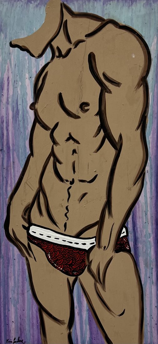 Modernist Male Nude Painting, Gay Interest: Acrylic on board 27 x 12 in