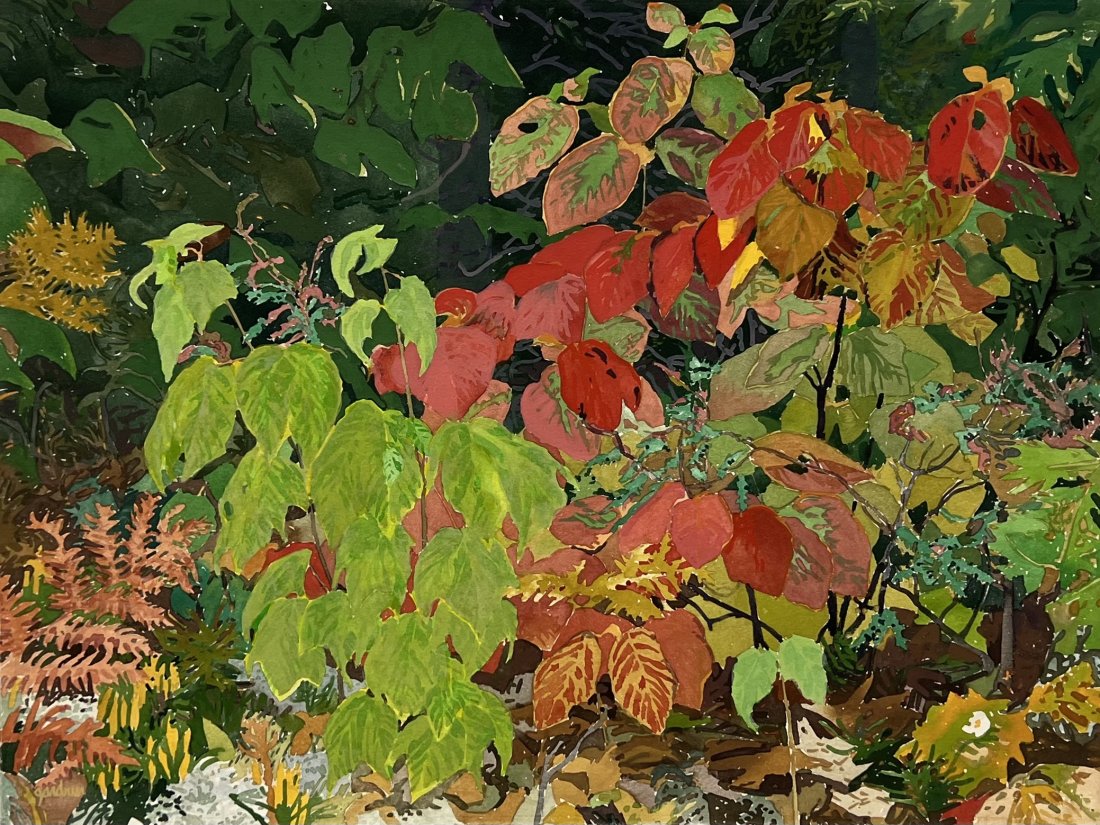 Colorful Watercolor Of Foliage, Signed Illegibly: Watercolor on paper 30 x 22 1/2 in