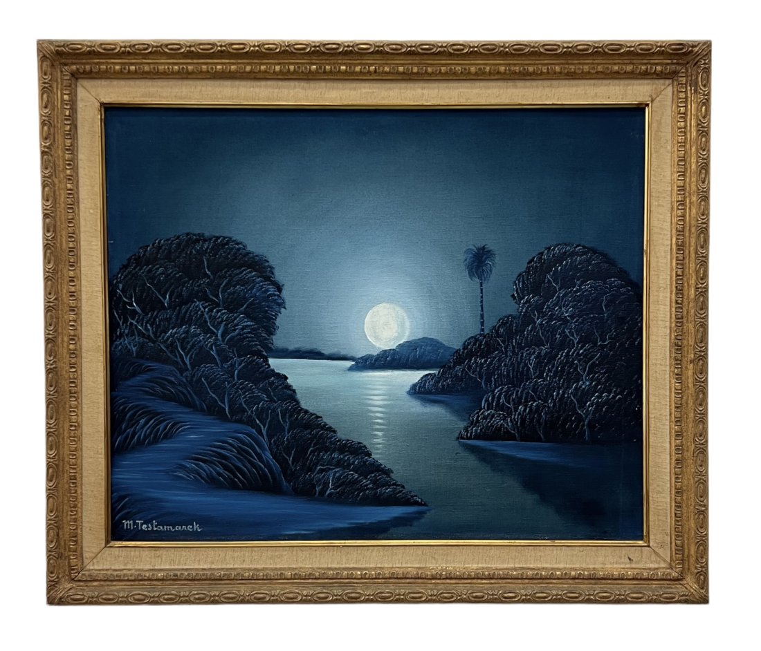 Vintage Florida Highywaymen Style Painting, Signed: Oil on canvas 34 x 28 in, 41 x 34 1/2 in (framed)