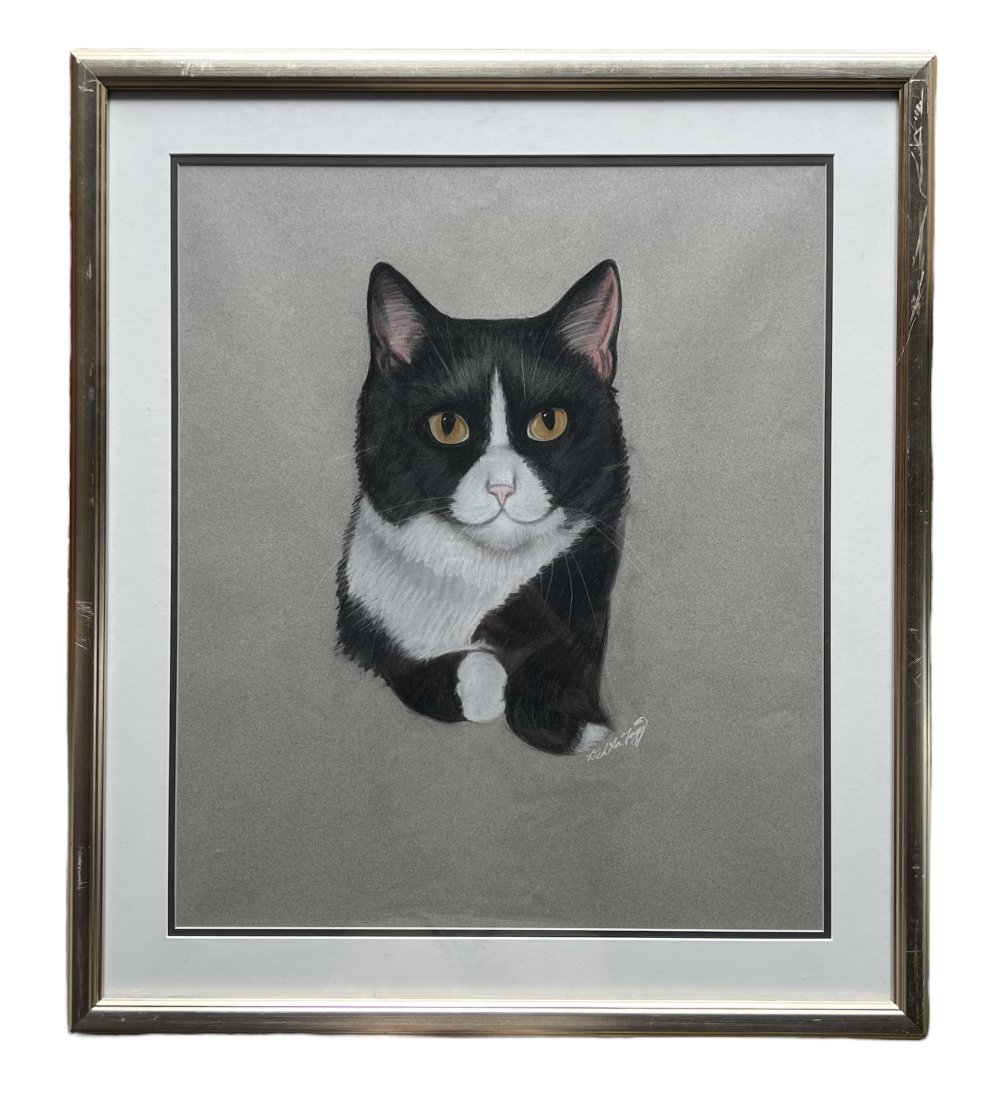 Vintage Pastel Painting Of A Cat, Signed By Mystery Artist: 23 x 19 in, 29 x 25 1/2 in.