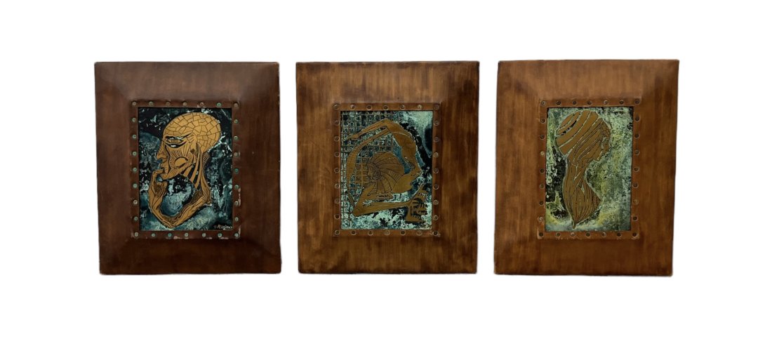 Set Of 3 Mid-Century Modern Relief Plaques Artist Signed, Leather Casing (1 of 3)