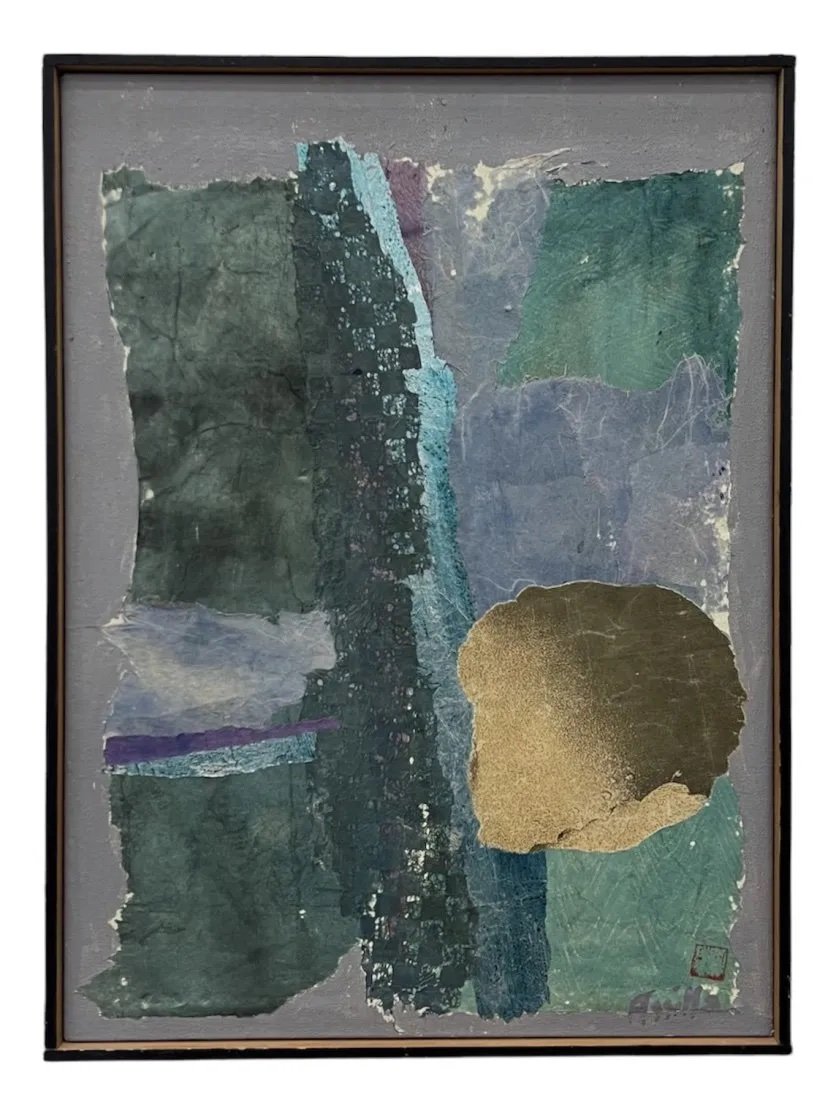 Mid-Century Chinese Modernist Abstract, Illegible Signature: Oil and collage on canvas 20 x 15 in