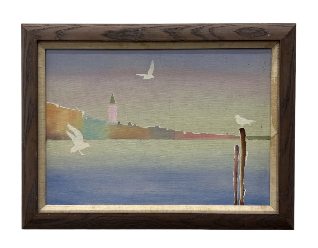 Italian Modernist Minimalist Coastal Scene w/ Seagulls, Signed Bozzala: Oil on canvas 20 x 14 in, 24 x 18 in (framed)