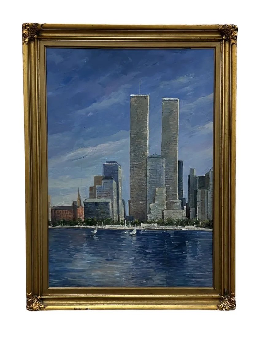 1990's Impressionist Harbor Scene Of Lower Manhattan NYC, Twin Towers: Oil on board 35 x 26 in (framed)