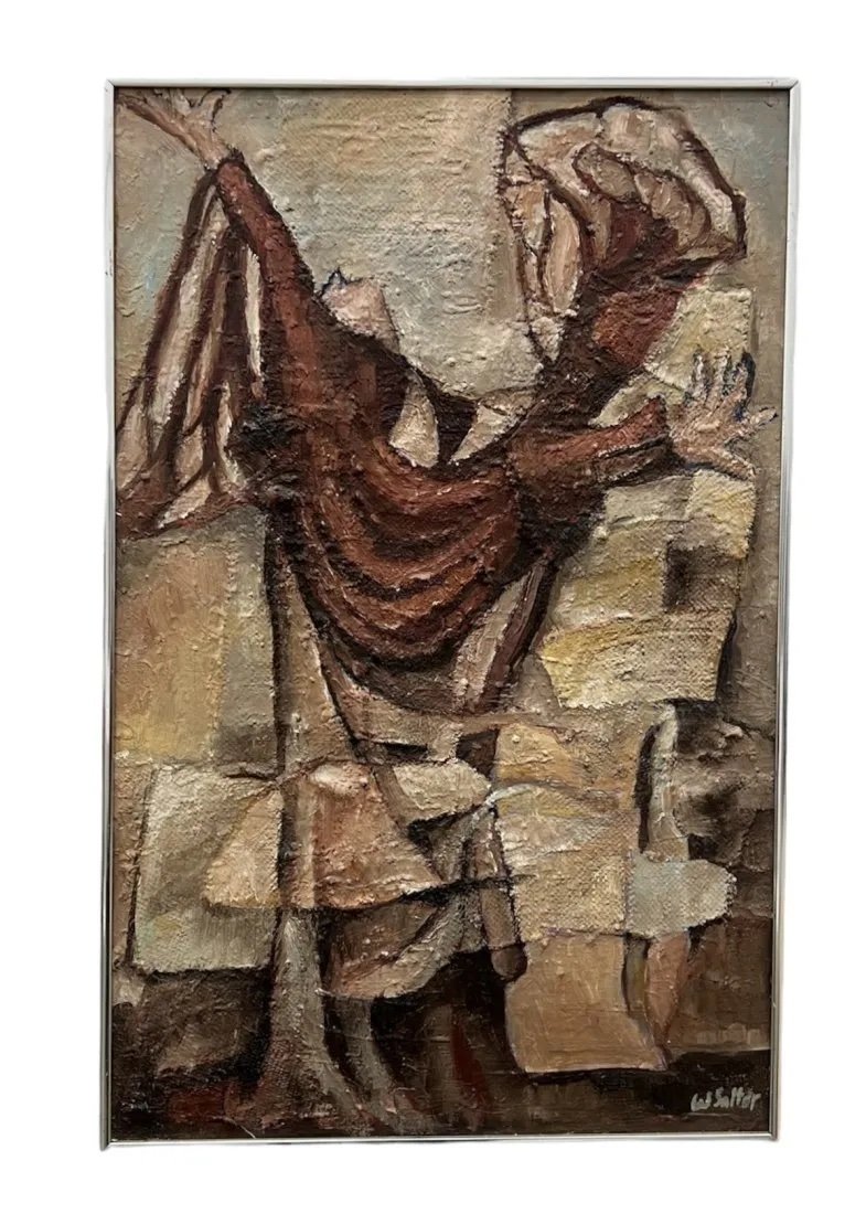 Mid-Century Modern Surrealist Abstract, Signed: Oil and collage on canvas 28 x 18 in