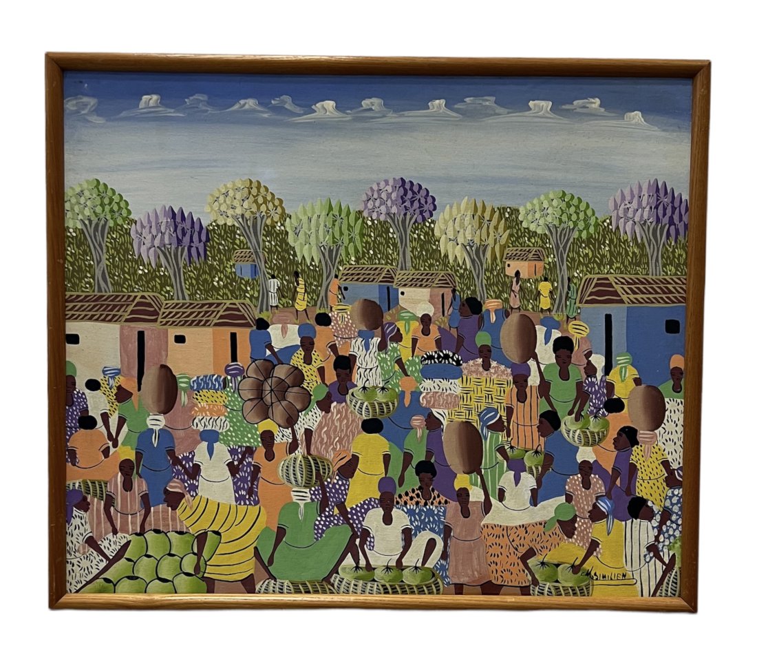 M. SIMILIEN (20th c, Haiti) Village Scene: Oil on canvas 25 x 21 in (framed)