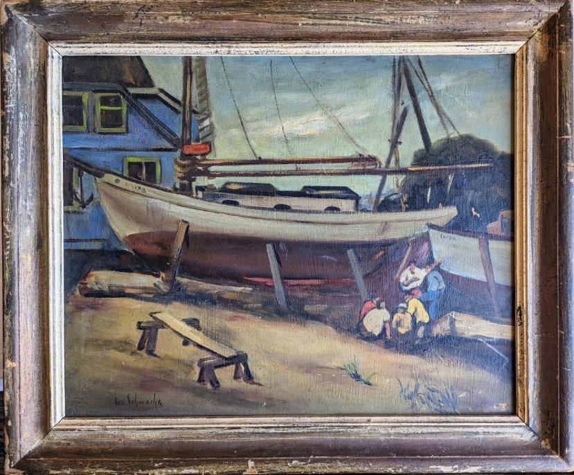 WPA Era Painting Of Fishermen At The Dock By George Schwacha (1 of 4)