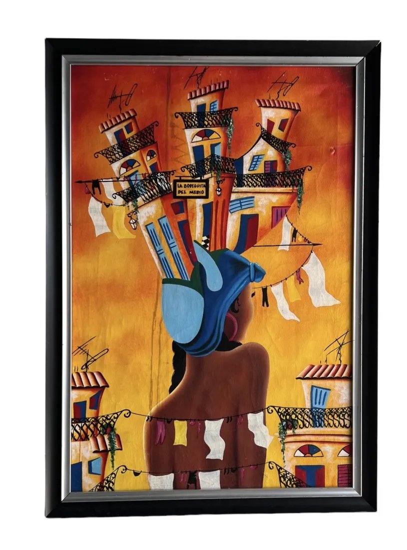 La Bodeguita Del Medio Cuban Modernist Painting: Oil on canvas 35 x 23 1/2 in, 39 x 27 1/2 in (framed)
