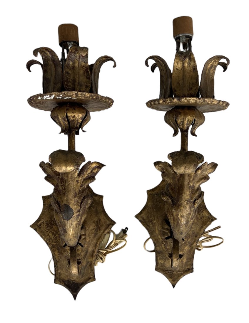 Pair Of 19th Century Italian Giltmetal Wall Sconces: 18 x 12 x 8 in