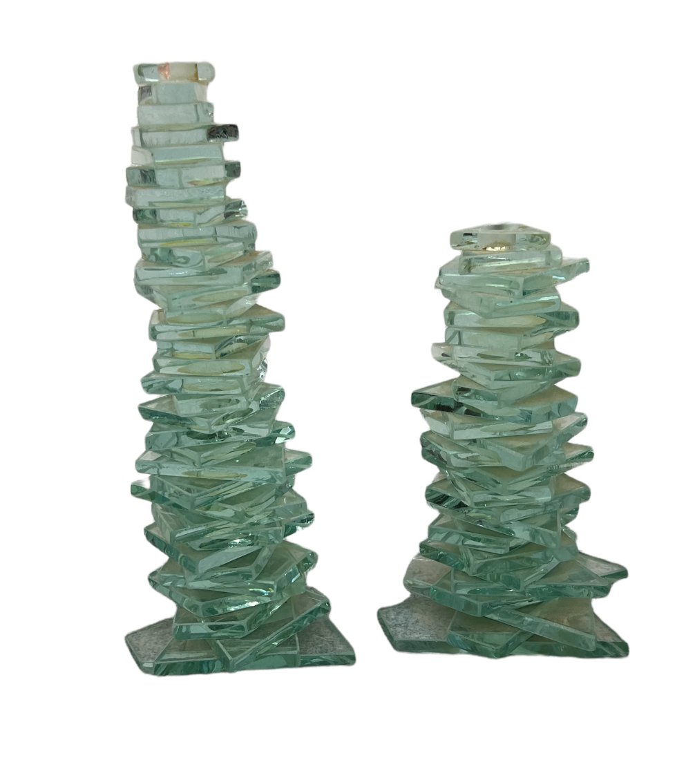 Pair Of Stacked Green Glass Mid-Century Modern Sculptures: 13 x 5 in, 9 1/2 x 5 in