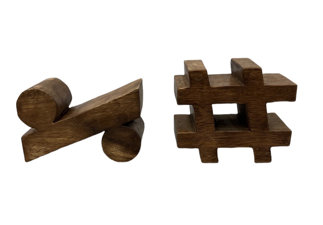 Mid-Century Modern Obelus & Hashtag Wood Bookends: 7 1/2 x 6 1/2 x 4 in