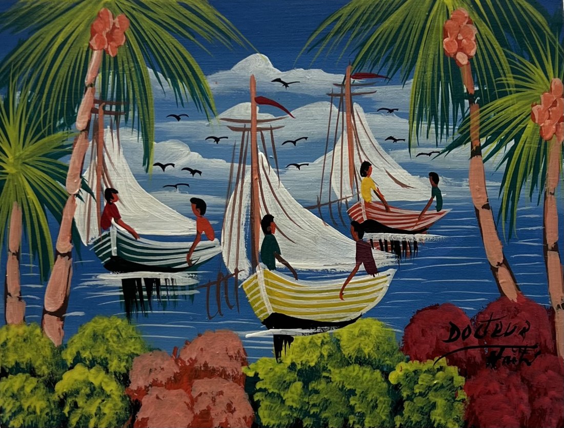 Small Haitian Folk Art Painting Harbor Scene: Oil on canvas 10 x 7 1/2 in