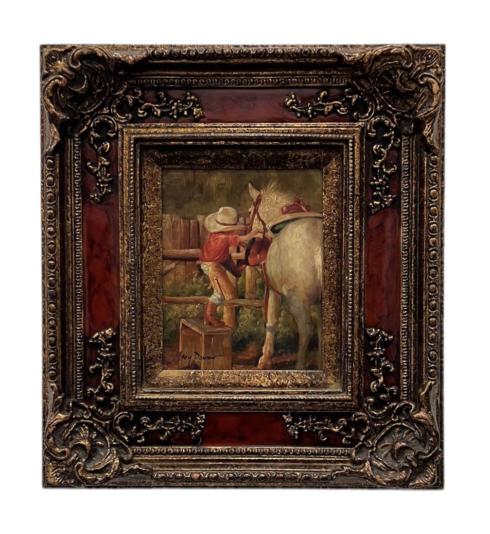 TROY DENTON (b. 1949, American) Boy Riding Horse: Oil on canvas 10 x 8 in, 20 1/2 x 18 1/2 in (framed)