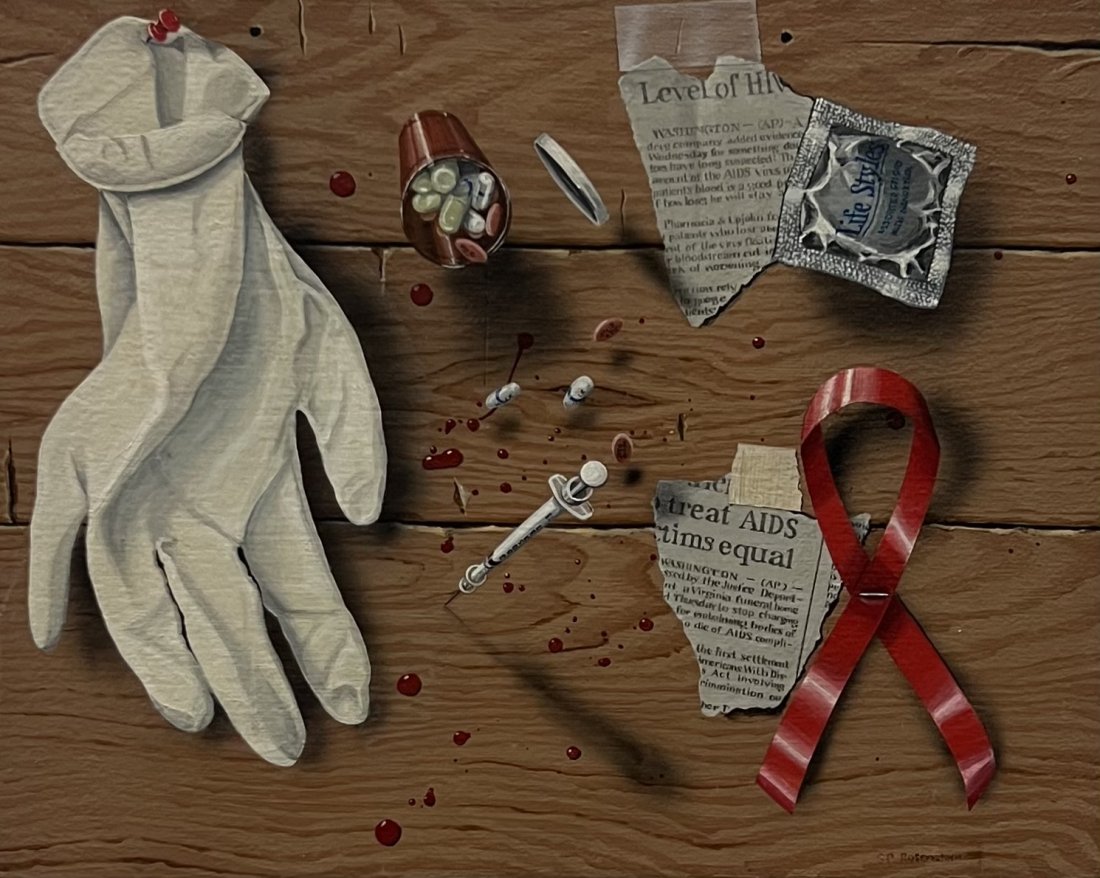 PAT ROSENSTEIN (20th c, American) AIDS/HIV 1980's Trompe L'Oeil: Acrylic on canvas