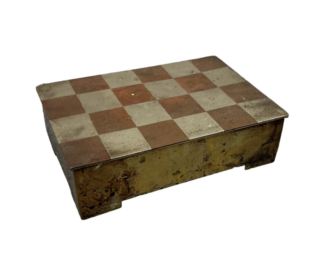 Mid-Century Wood & Metal Checkered Box: Size 6 1/2 x 4 1/2 x 2 in