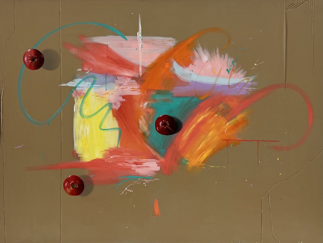 PAT ROSENSTEIN (20th c, American) Trompe L'Oeil Apples Abstract: Acrylic on canvas 48 x 36 in