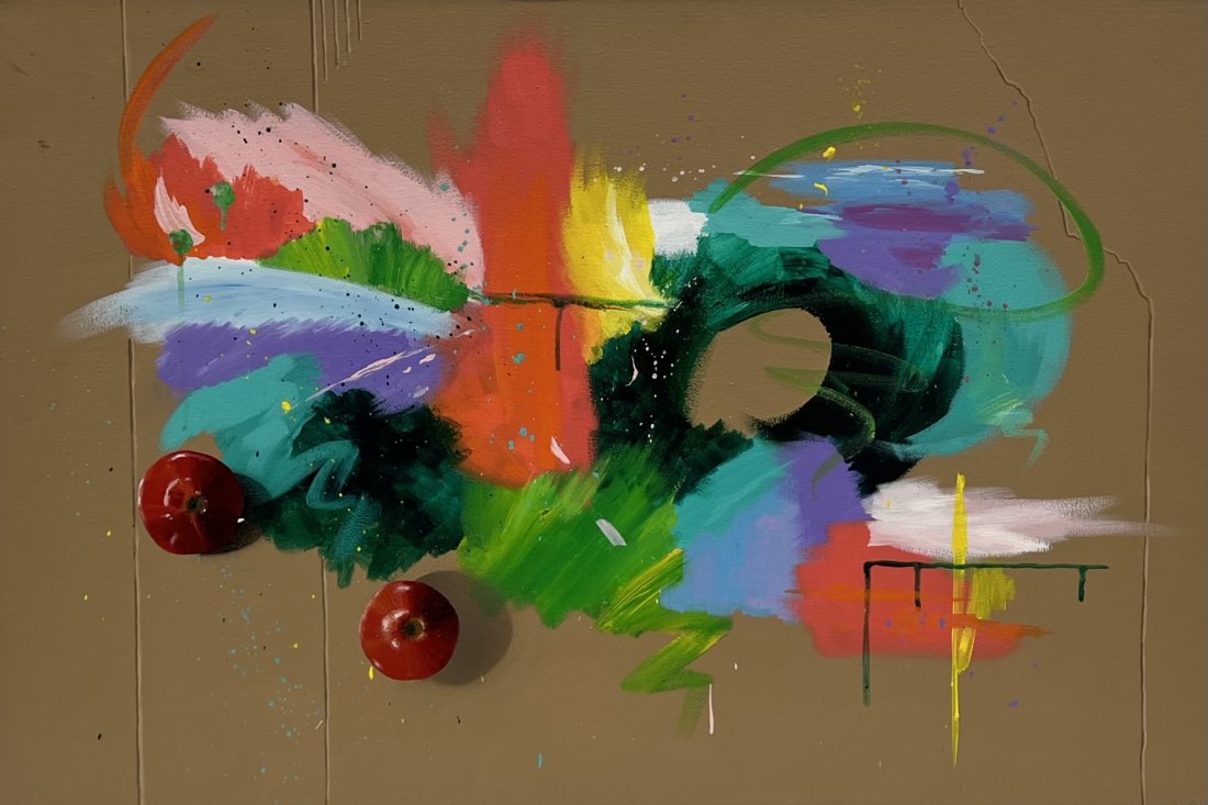 PAT ROSENSTEIN (20th c, American) Trompe L'Oeil Apples Abstract: Acrylic on canvas 36 x 24 in