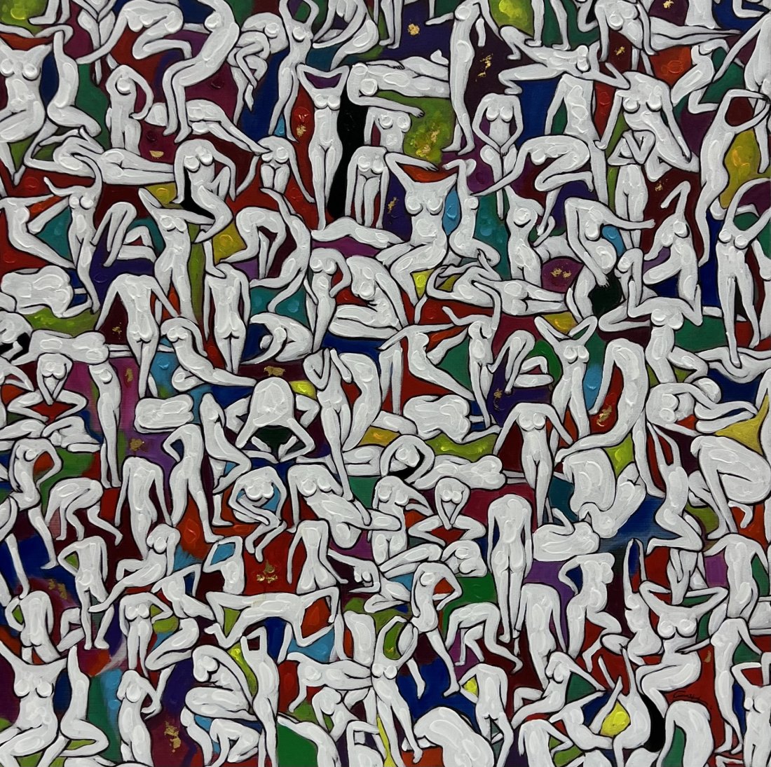 Large Abstract Of Nude Figures Signed By Unknown Artist: Oil on canvas 47 1/2 x 47 1/2 in