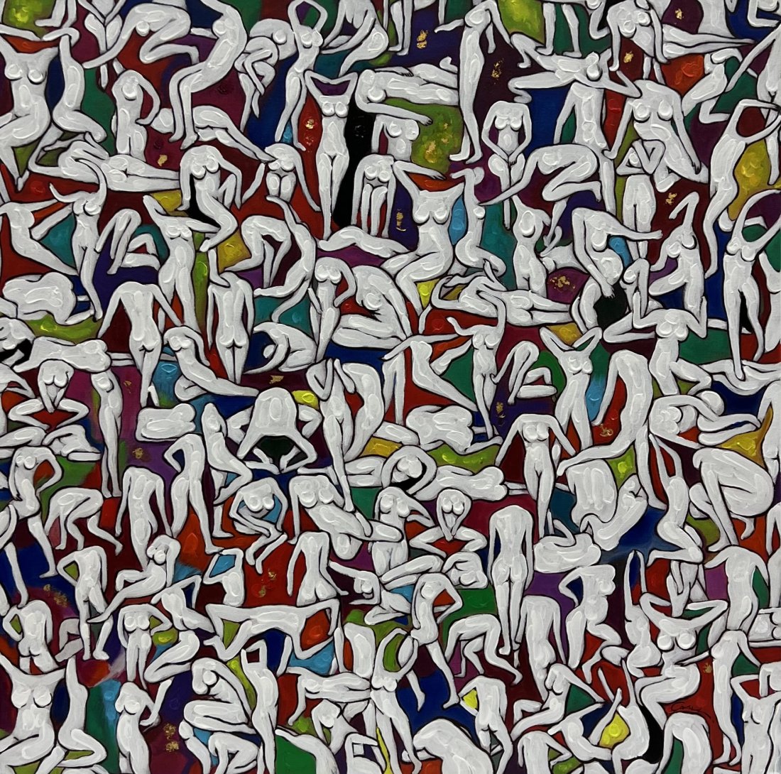 Large Abstract Of Nude Figures Signed By Unknown Artist: Oil on canvas 47 1/2 x 47 1/2 in