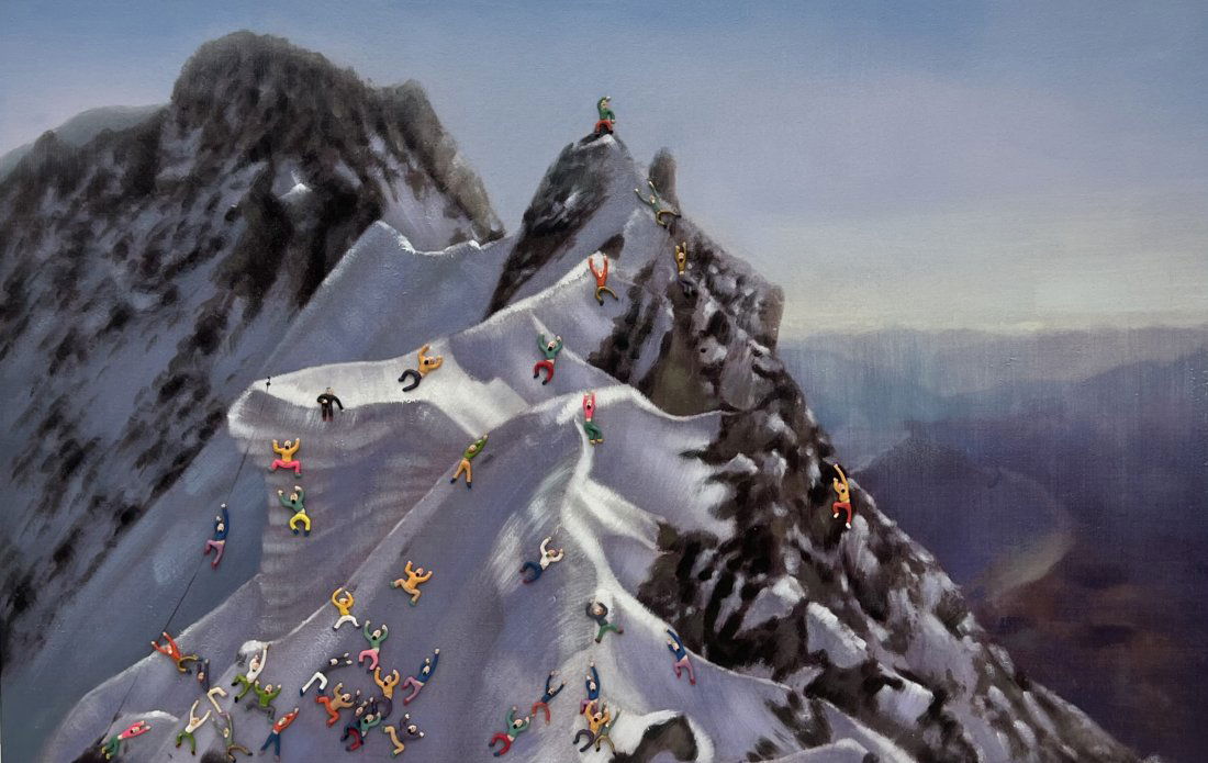 Oil & Collage Of Figures Mountain Climbing, Uknown Artist (1 of 3)