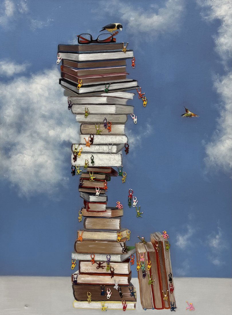 Oil & Collage On Canvas Figures On Books, Unknown Artist: 63 x 47 in