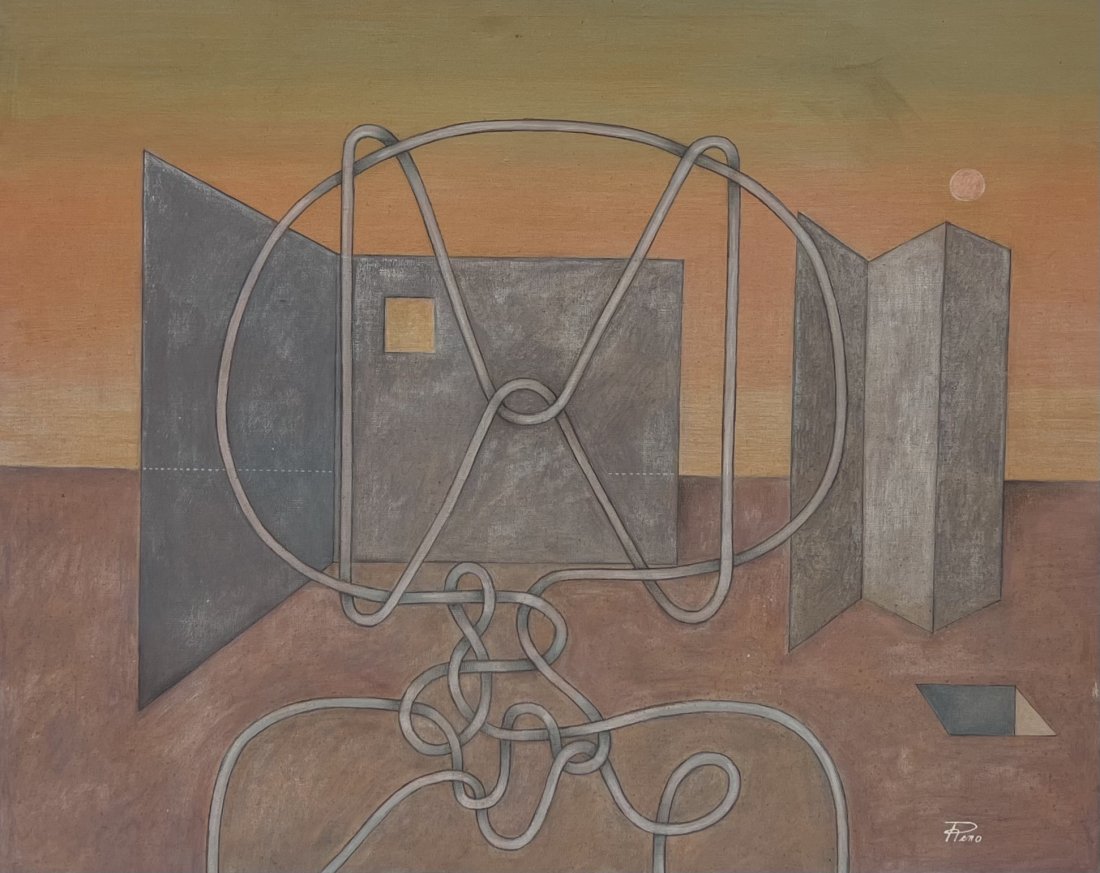 Surrealist Abstract Painting, Signed: Oil on canvas 39 1/2 x 31 1/2 in