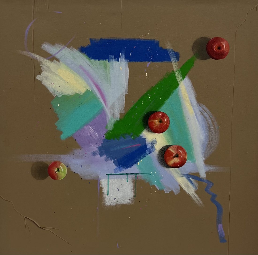 PAT ROSENSTEIN (20th c, American) Trompe L'Oeil Apples Abstract: Acrylic on canvas 36 x 36 in
