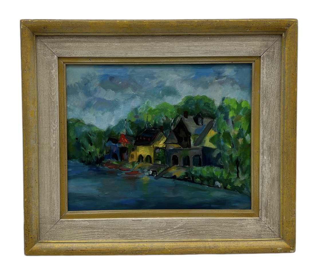 Boathouse Row Schuylkill River Philadelphia Unsigned Oil Painting: Oil on canvas 20 x 16 in, 28 x 24 in (framed)
