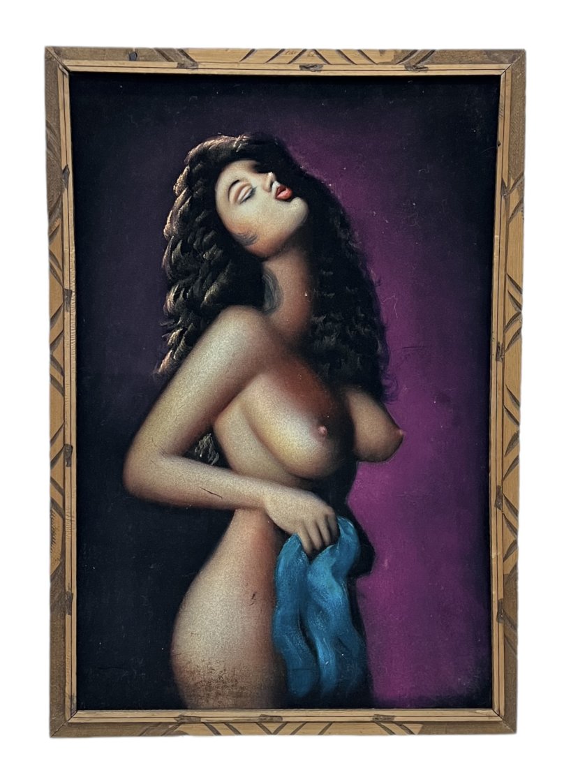 Vintage Nude Painting Of A Woman: Oil on velvet 36 x 24 in, 39 x 27 in (framed)